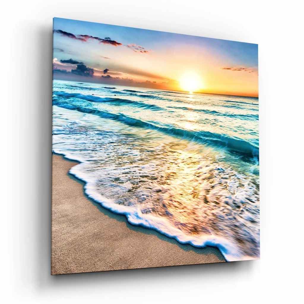 Stunning ocean waves tempered glass art with vibrant sunset hues