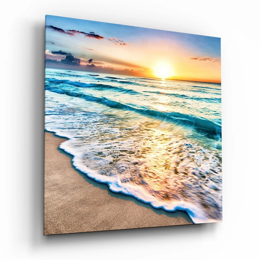 Stunning ocean waves tempered glass art with vibrant sunset hues