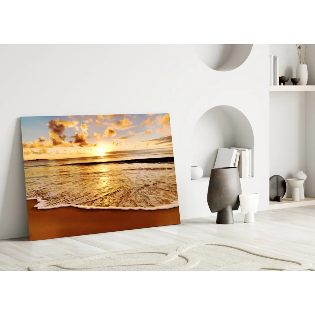 Golden sunset beach glass wall art canvas print on white wall