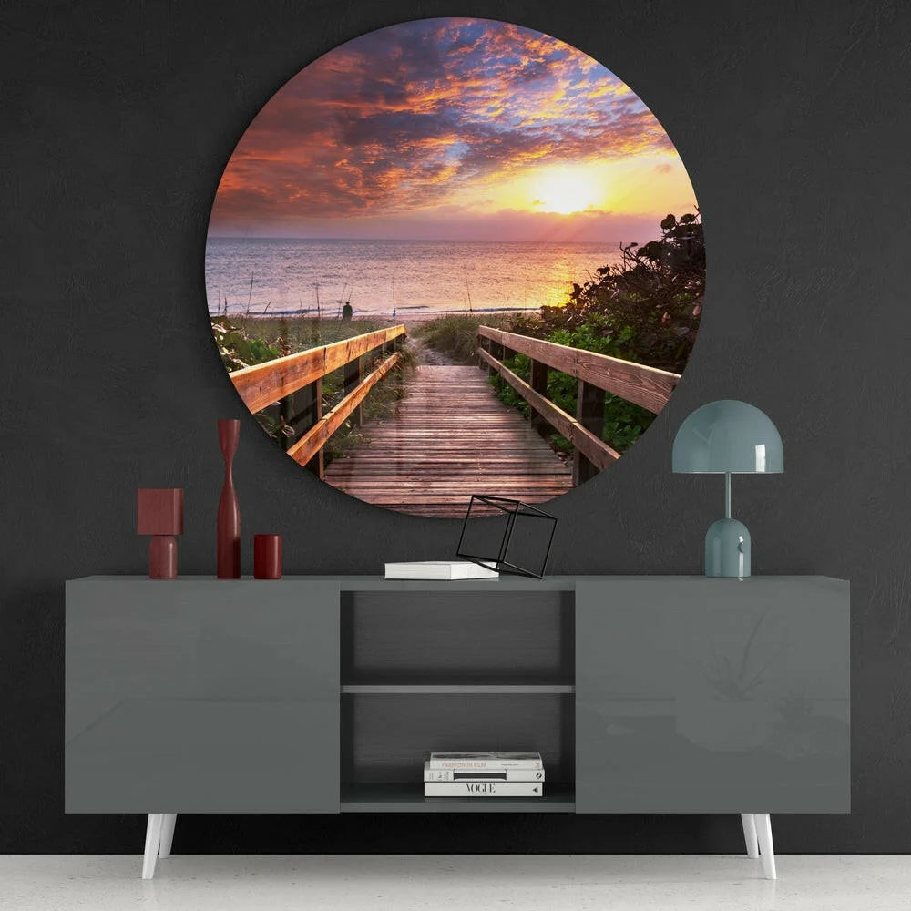 Vibrant sunset boardwalk tempered glass art for walls