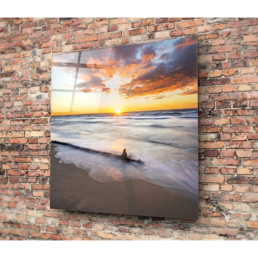 Stunning sunset beach tempered glass art on brick wall
