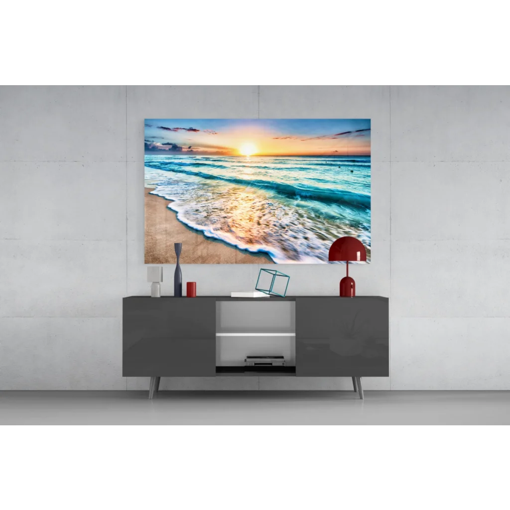 Vibrant turquoise sunset beach glass wall art canvas print