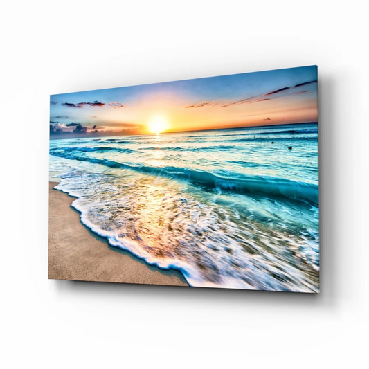 Turquoise Sunset Beach glass wall art canvas print with vibrant waves