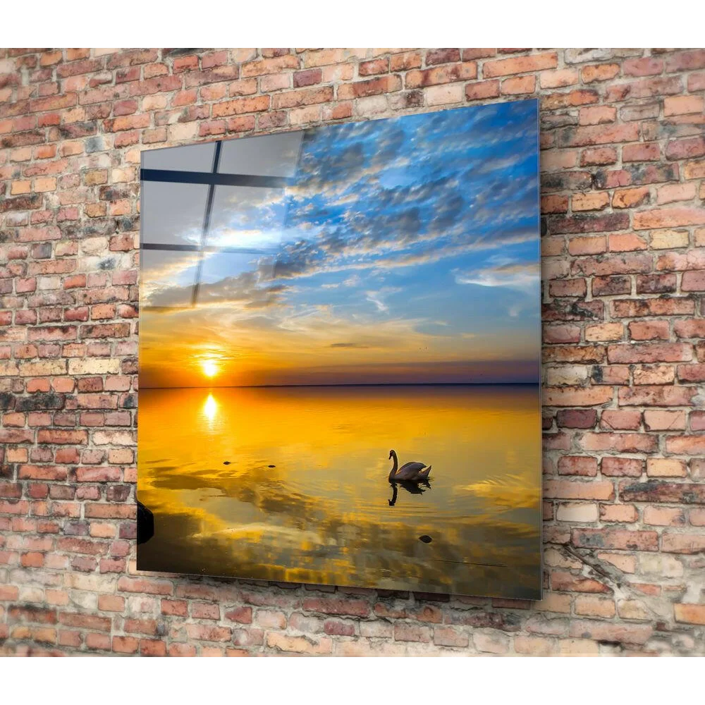 Sleek Black Swan Sunset glass wall art with vibrant water scene