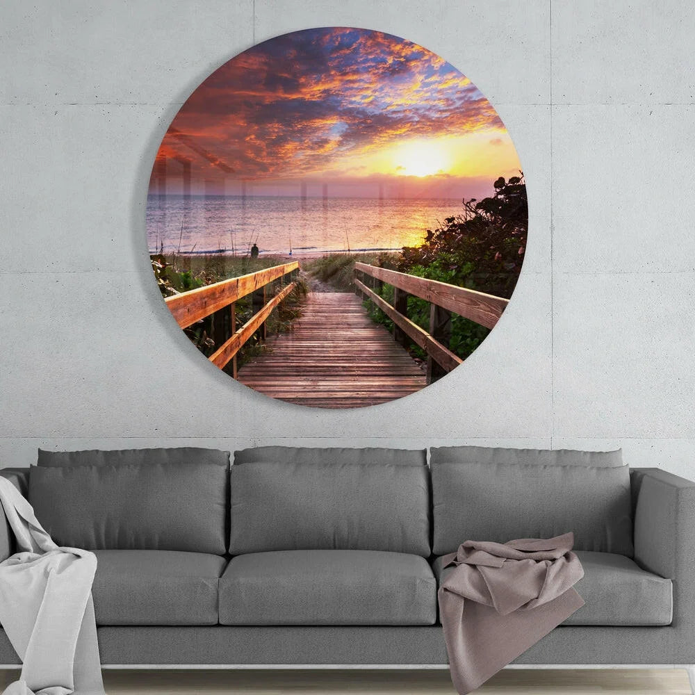 Vibrant sunset boardwalk tempered glass art for walls