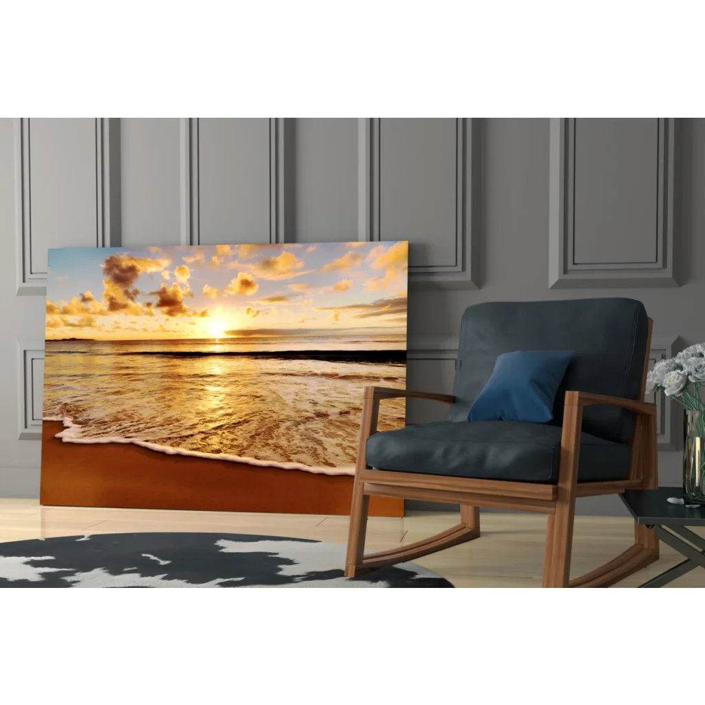 Golden sunset beach glass wall art canvas print on gray wall
