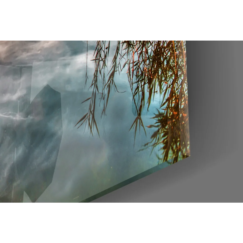 Serene willow branches in glass wall art with sunset dock reflection