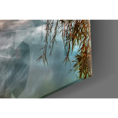 Serene willow branches in glass wall art with sunset dock reflection