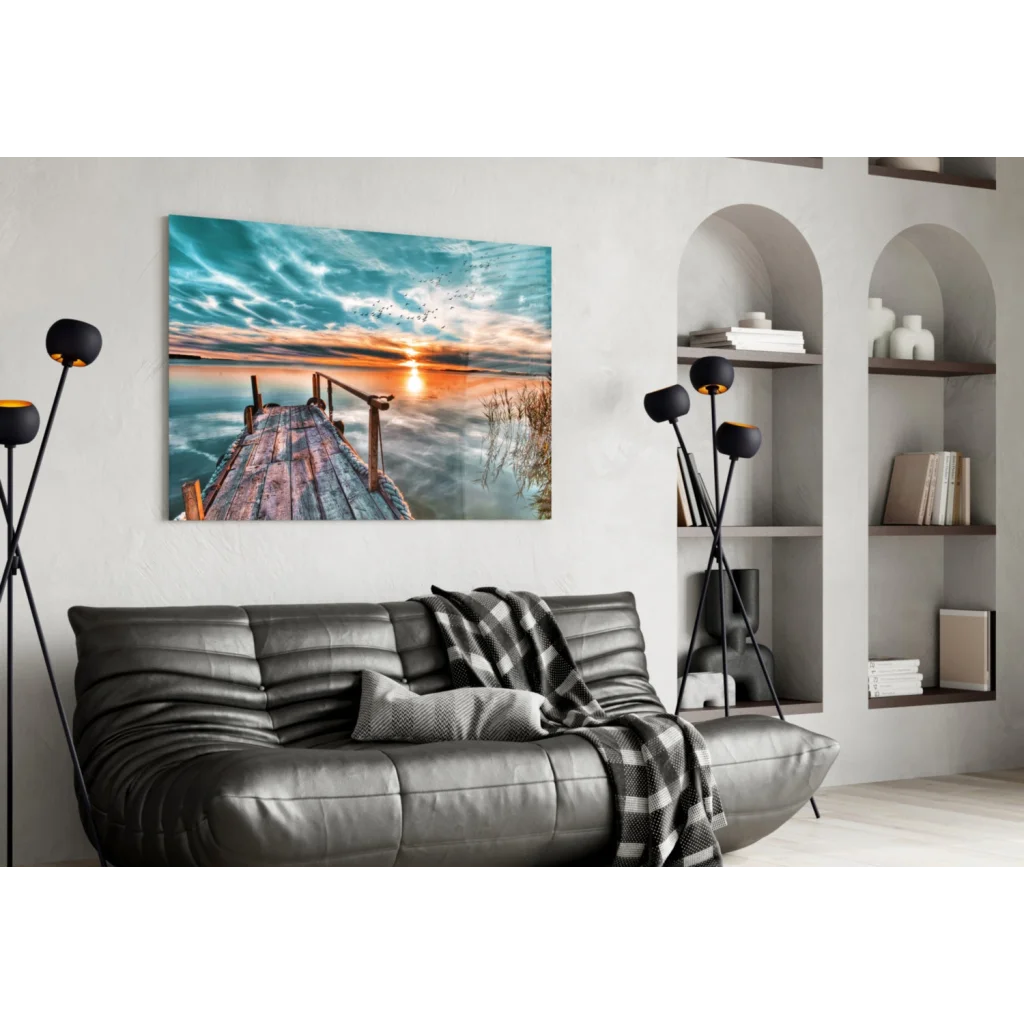 Sunset dock glass wall art with teal orange sky reflection on pier