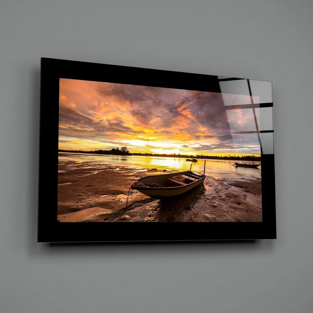 Stunning sunset beach glass wall art with boat on shore