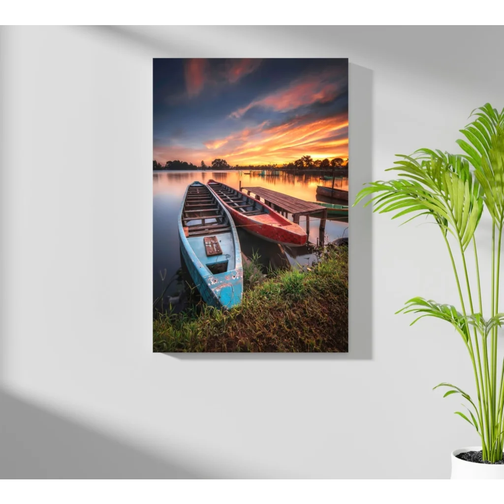 Vibrant Sunset Canoes at the Dock canvas print with blue and red boats