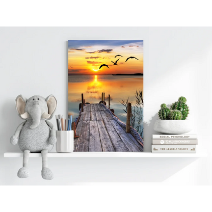 Serene sunset dock on insigne aluminum print with birds in flight