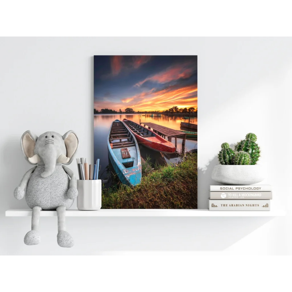 Vibrant Sunset Canoes at the Dock canvas print with blue and red boats
