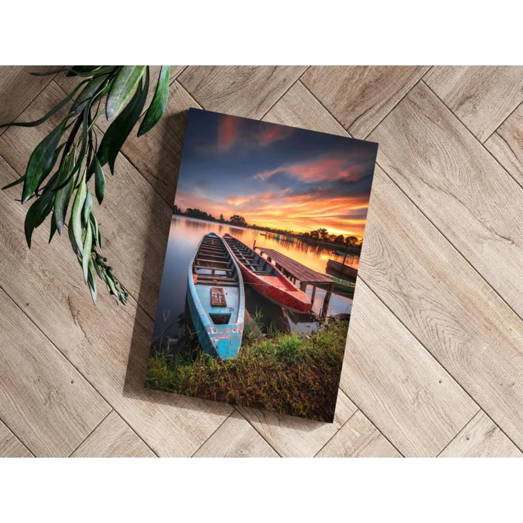 Sunset Canoes at the Dock Canvas Print | Modern Wall Art Decor | vintageantiquesgifts.com