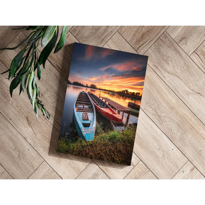 Sunset Canoes at the Dock Canvas Print | Modern Wall Art Decor | vintageantiquesgifts.com