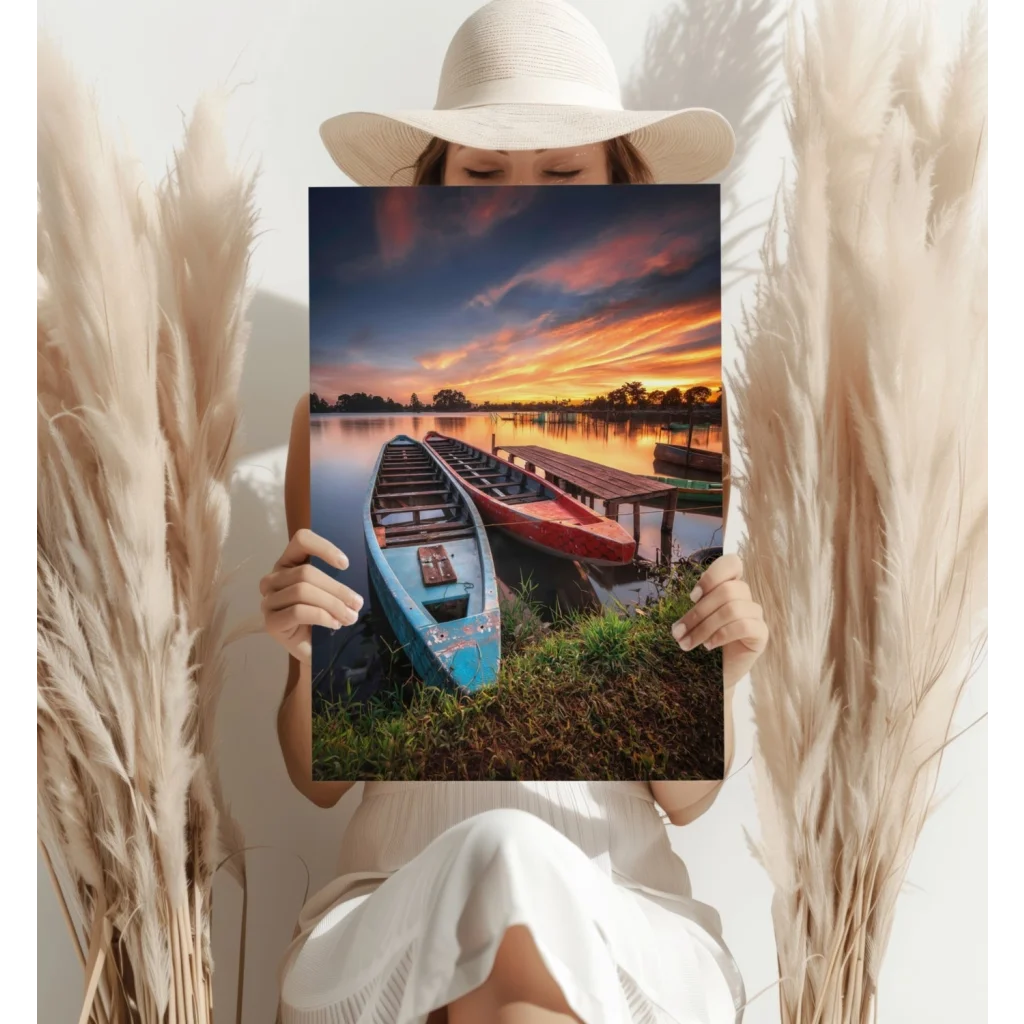 Sunset Canoes at the Dock Canvas Print | Contemporary Home Wall Art | vintageantiquesgifts.com