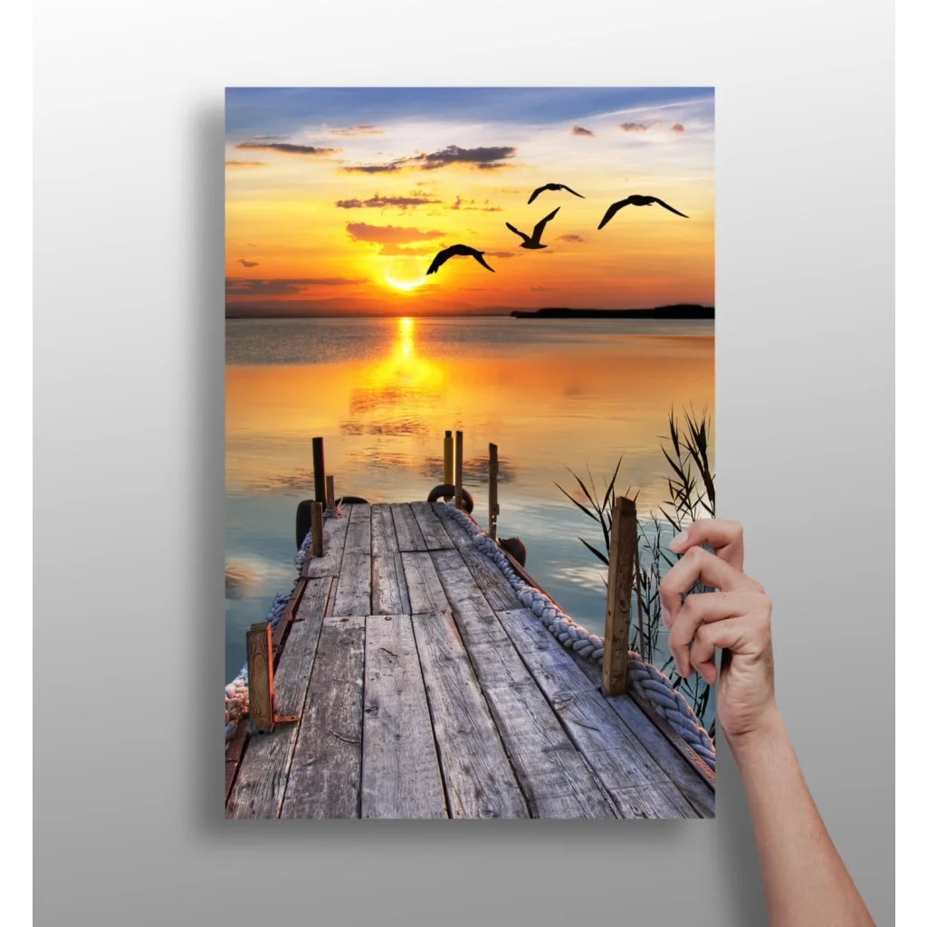 Rustic dock at sunset on insigne aluminum prints