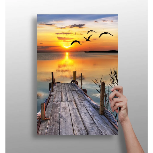 Rustic dock at sunset on insigne aluminum prints