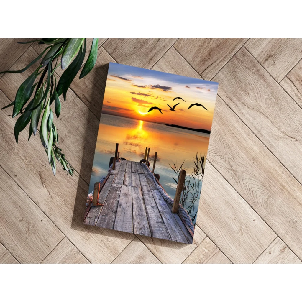 Serene sunset dock on insigne aluminum prints with birds in flight