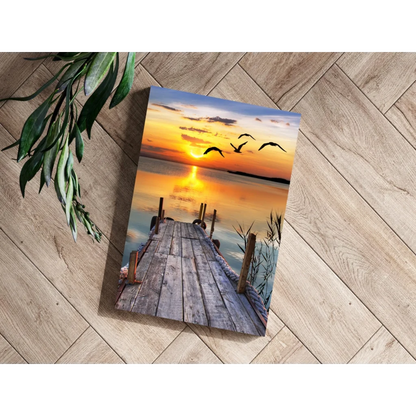 Serene sunset dock on insigne aluminum prints with birds in flight
