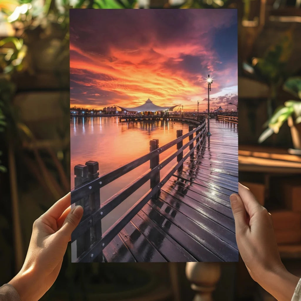 Vibrant sunset over wooden pier in Insigne aluminum print held by hands