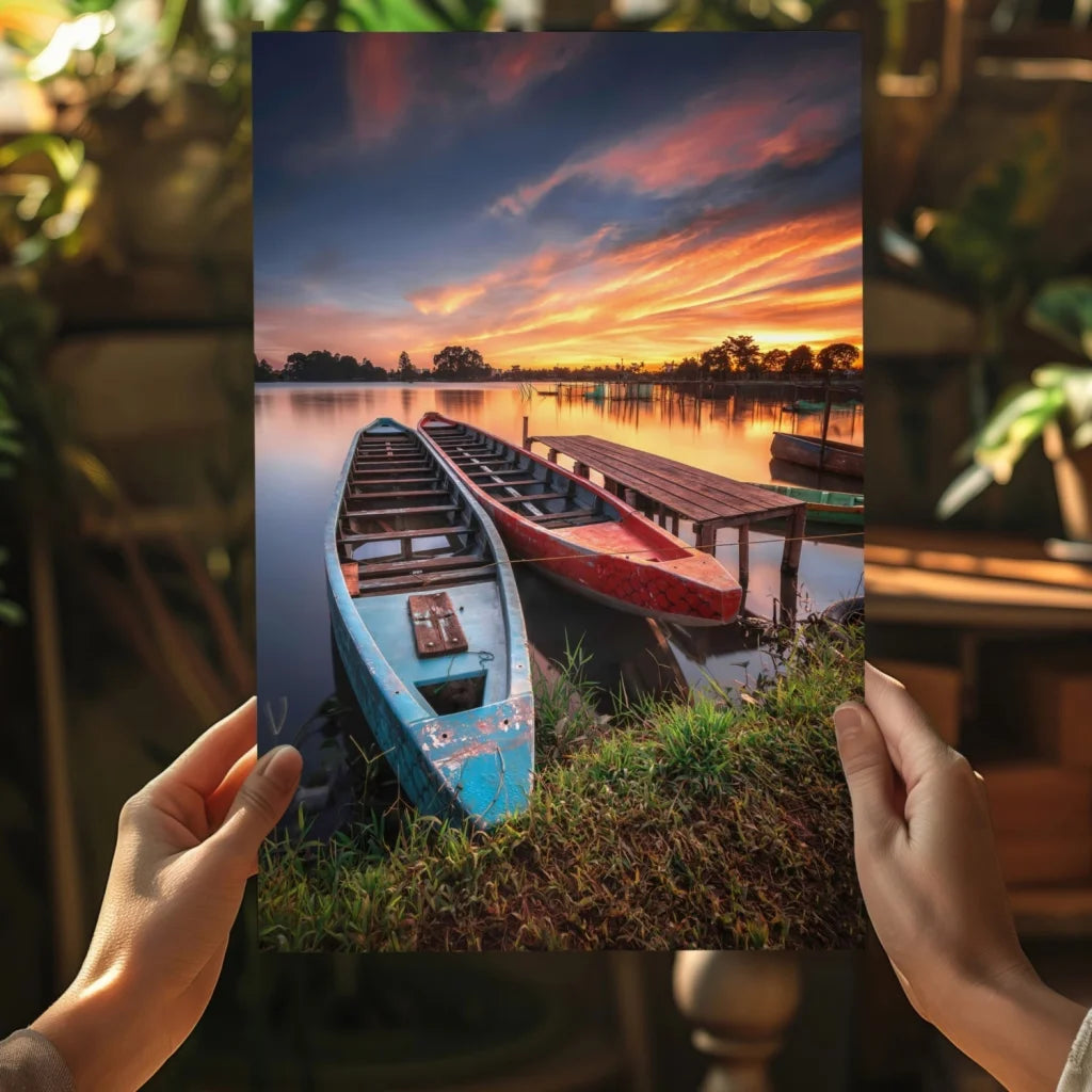 Two weathered rowboats moored at dock under sunset sky canvas print