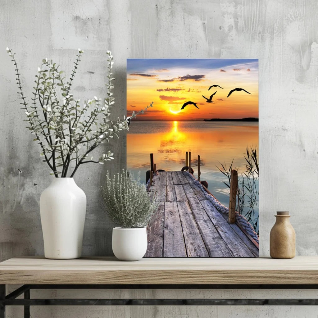 Stunning sunset dock on insigne aluminum print