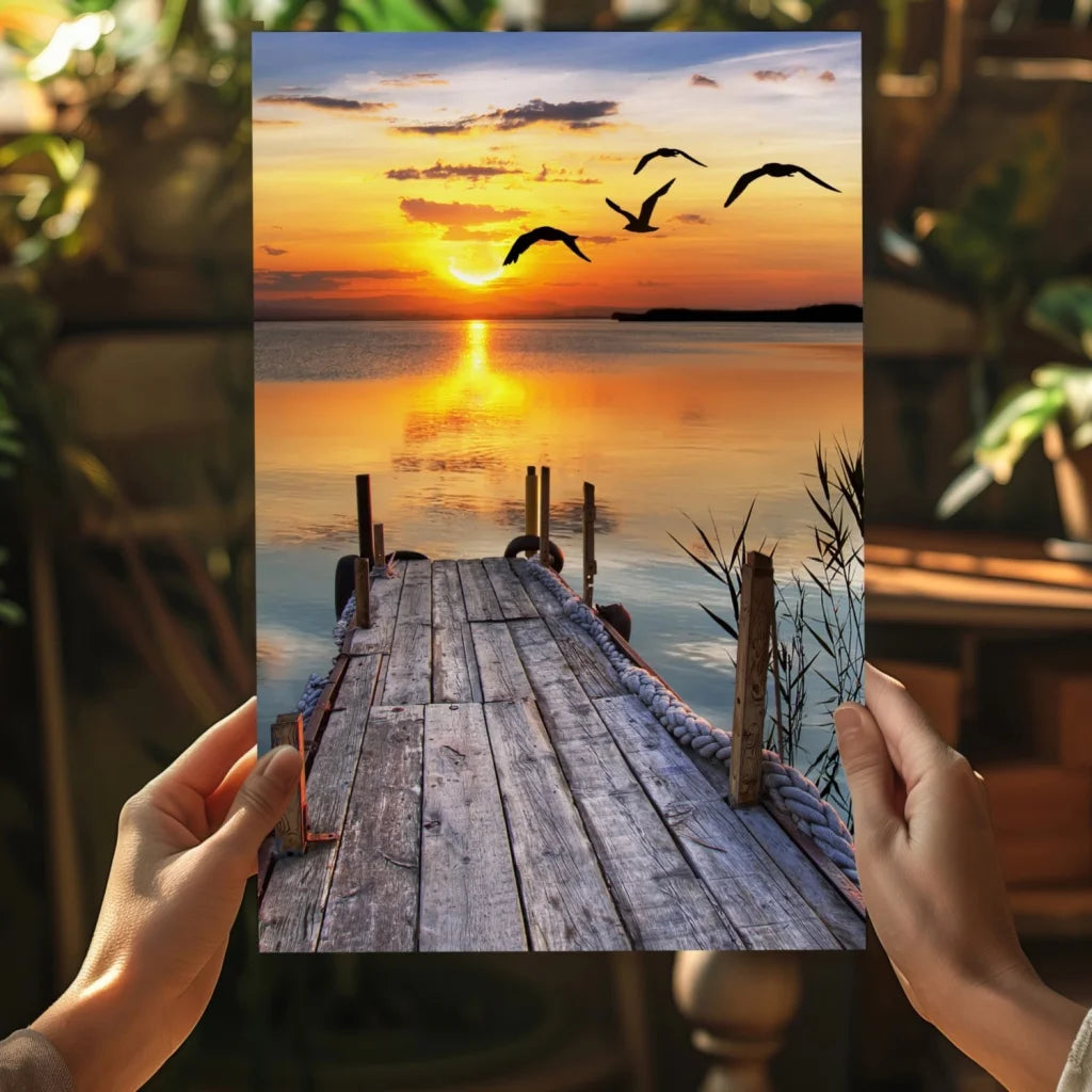 Serene sunset dock on insigne aluminum print with flying birds