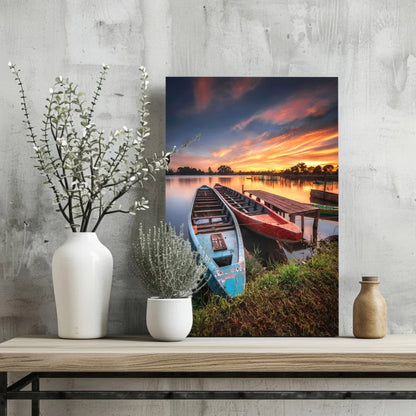 Sunset Canoes at the Dock Canvas Print | Glass Wall Art Print | vintageantiquesgifts.com
