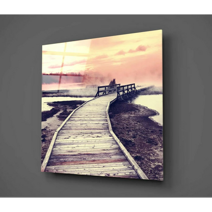 Sunset Boardwalk Glass Wall Art with Misty Pink Waters | Glass Wall Art Print | vintageantiquesgifts.com