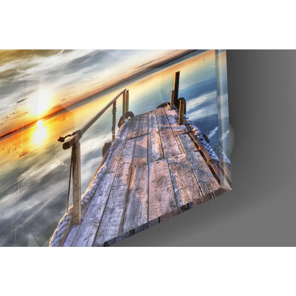 Rustic weathered dock glass wall art with sunset sky and birds