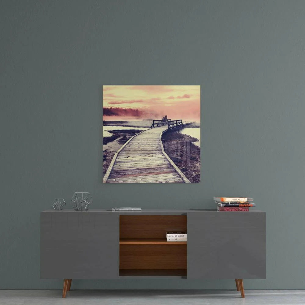 Sunset Boardwalk Glass Wall Art with Misty Pink Waters | Contemporary Home Wall Art | vintageantiquesgifts.com