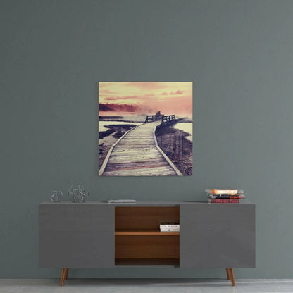 Sunset Boardwalk Glass Wall Art with Misty Pink Waters | Contemporary Home Wall Art | vintageantiquesgifts.com