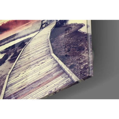 Sunset Boardwalk Glass Wall Art with Misty Pink Waters | Modern Wall Art Decor | vintageantiquesgifts.com