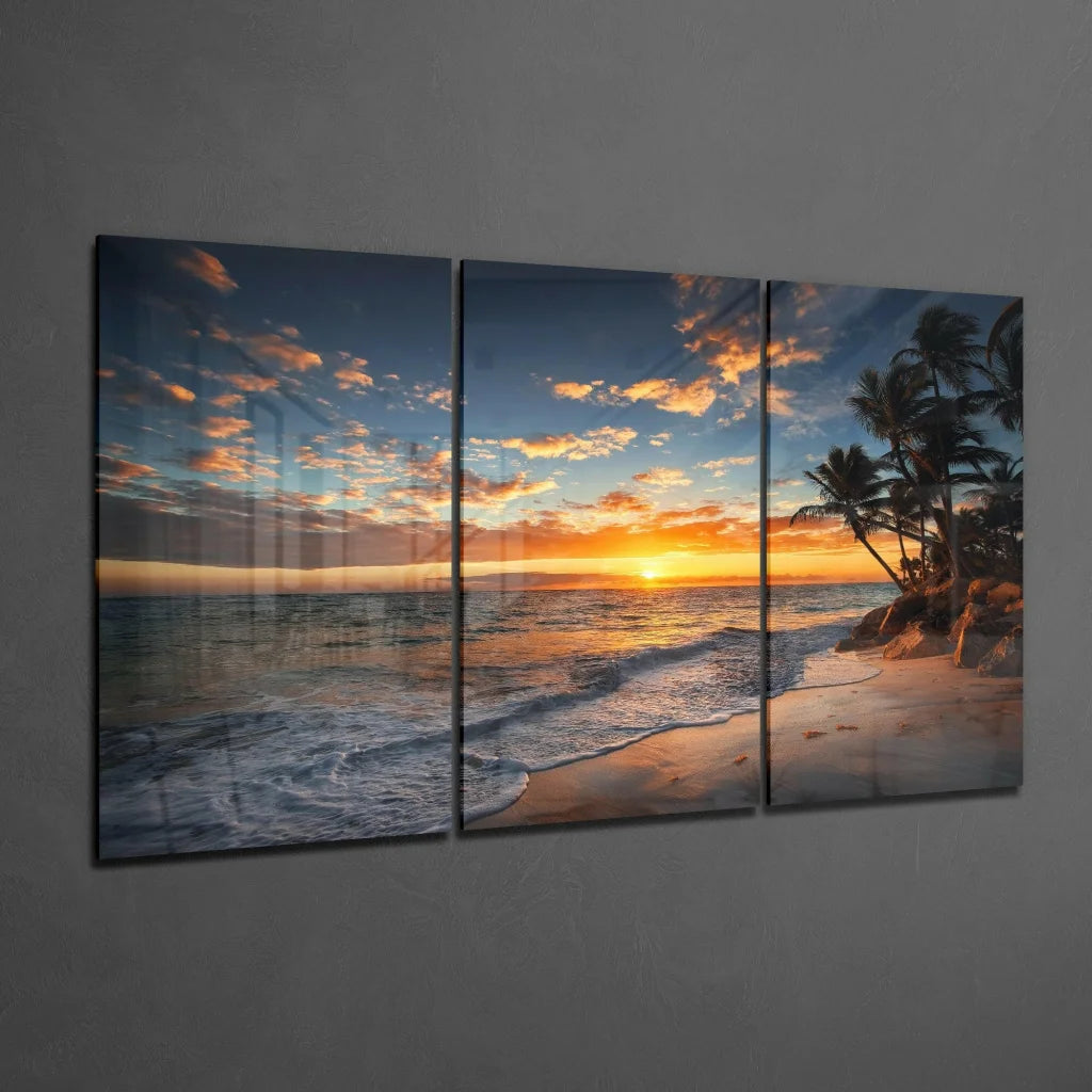 Beige and orange sunset beach triptych wall art with palm trees