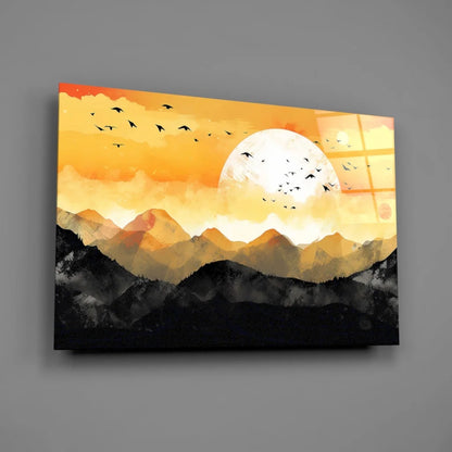 Stylized sunset canvas wall art with silhouetted mountains and flying birds