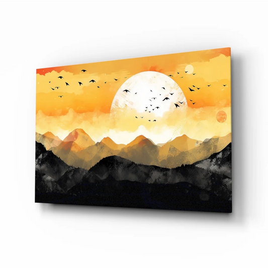 Watercolor sunset mountain wall art with flying birds canvas print