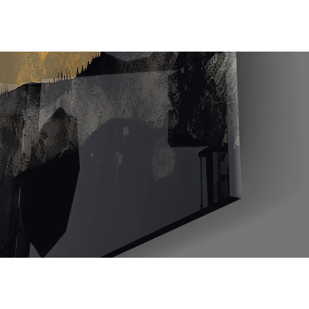 Abstract sunset mountain wall art canvas with textured black, gray, gold accents and flying birds