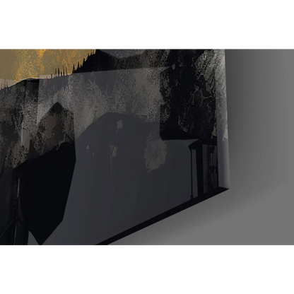 Abstract sunset mountain wall art canvas with textured black, gray, gold accents and flying birds