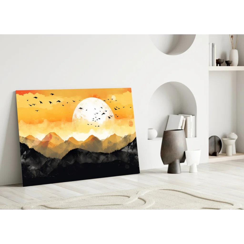 Vibrant orange black mountain sunset canvas wall art with stylized sun and flying birds