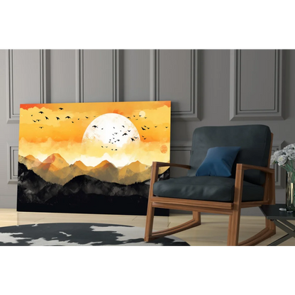 Vibrant orange black mountain sunset canvas wall art with silhouetted birds