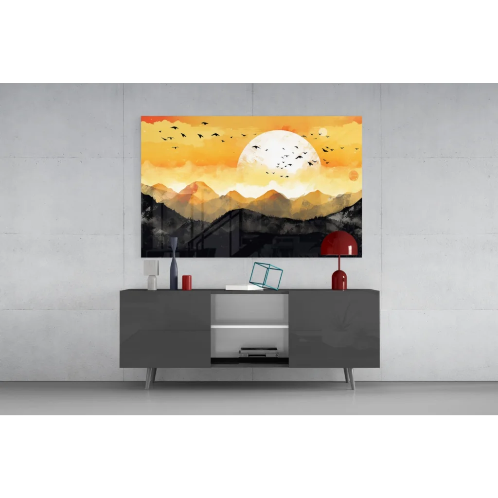 Vibrant orange black sunset mountain canvas wall art with flying birds