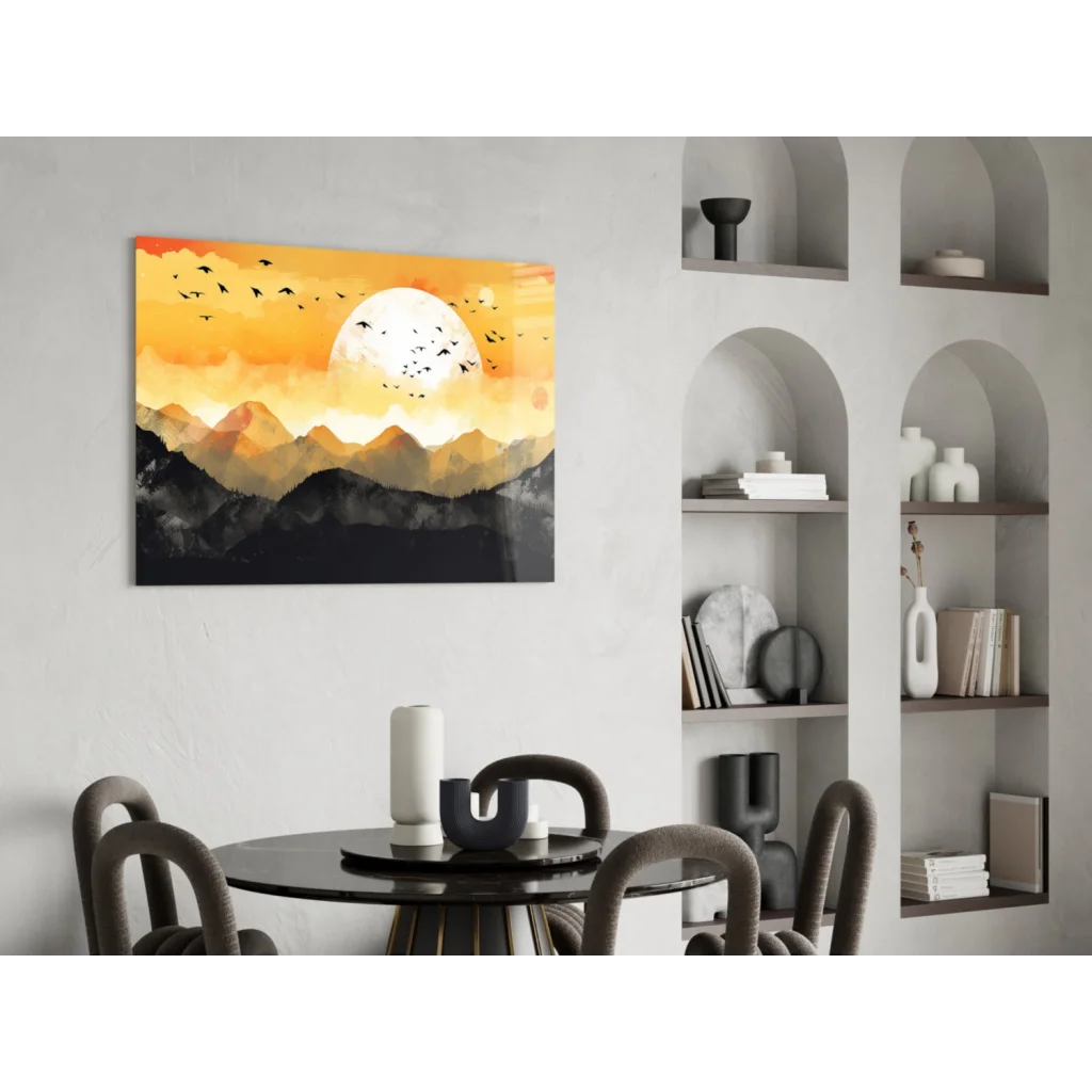Vibrant orange black sunset mountain canvas wall art with silhouetted birds
