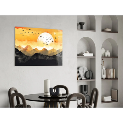 Vibrant orange black sunset mountain canvas wall art with silhouetted birds