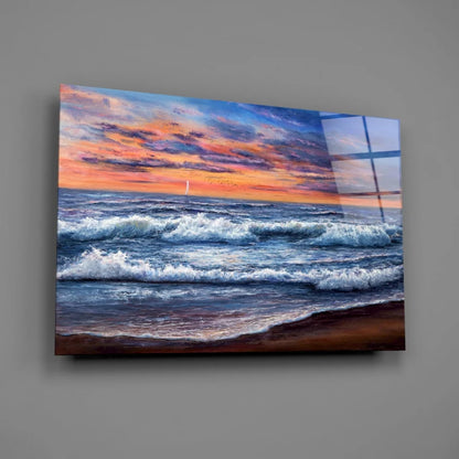Vibrant sunset ocean waves glass wall art with sailboat