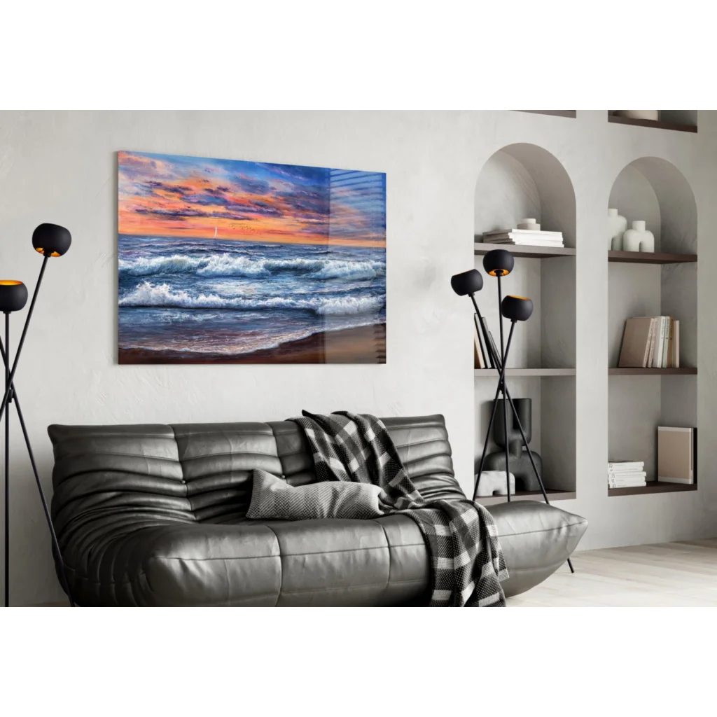 Vibrant sunset ocean waves with sailboat on sleek glass wall art