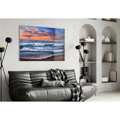 Vibrant sunset ocean waves with sailboat on sleek glass wall art