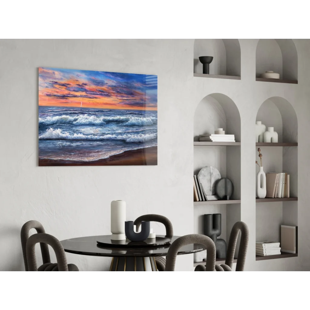 Vibrant sunset ocean waves glass wall art with sailboat scene