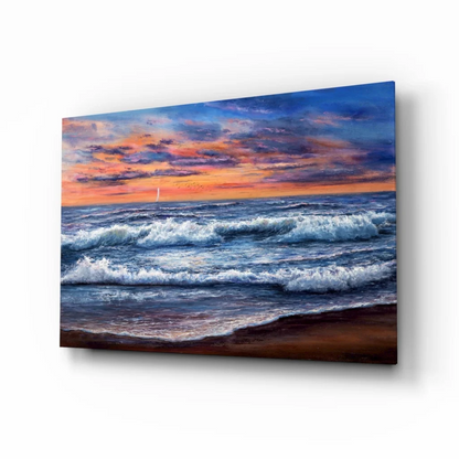 Vibrant sunset ocean waves glass wall art with sailboat