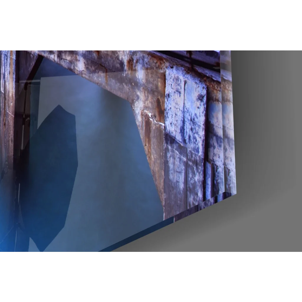 Weathered rust-streaked concrete wall art print in faded blue tones